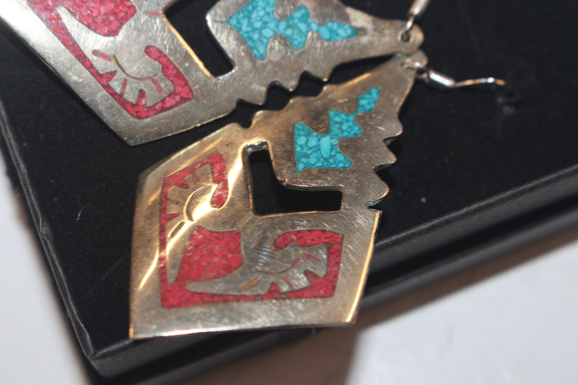 A large pair of Aztec silver turquoise and coral s - Image 2 of 4