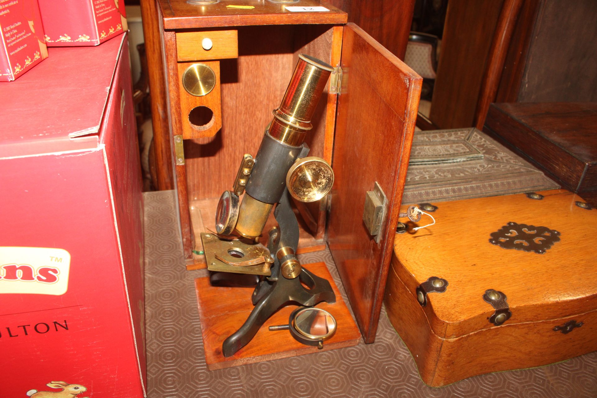 A mahogany cased microscope and a box of miscellan - Image 2 of 9