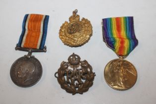 A pair of WWI medals to 168823BMBR. A.E. Taylor RA; an RAF badge; and Royal engineers locket