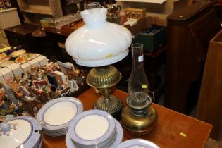 A Defries brass oil lamp with milk glass shade and