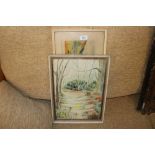 A framed and glazed watercolour of a woodland scen