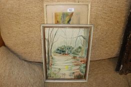 A framed and glazed watercolour of a woodland scen