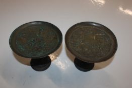 A pair of bronze tazza stand dishes, one marked Delafontaine to base