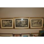 Three framed and glazed pen and ink studies depict