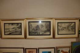 Three framed and glazed pen and ink studies depict