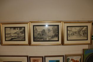 Three framed and glazed pen and ink studies depict