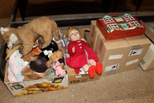 A box containing Beanie Babies, MacDonald's toys and other soft toys; vintage doll; Wallace and