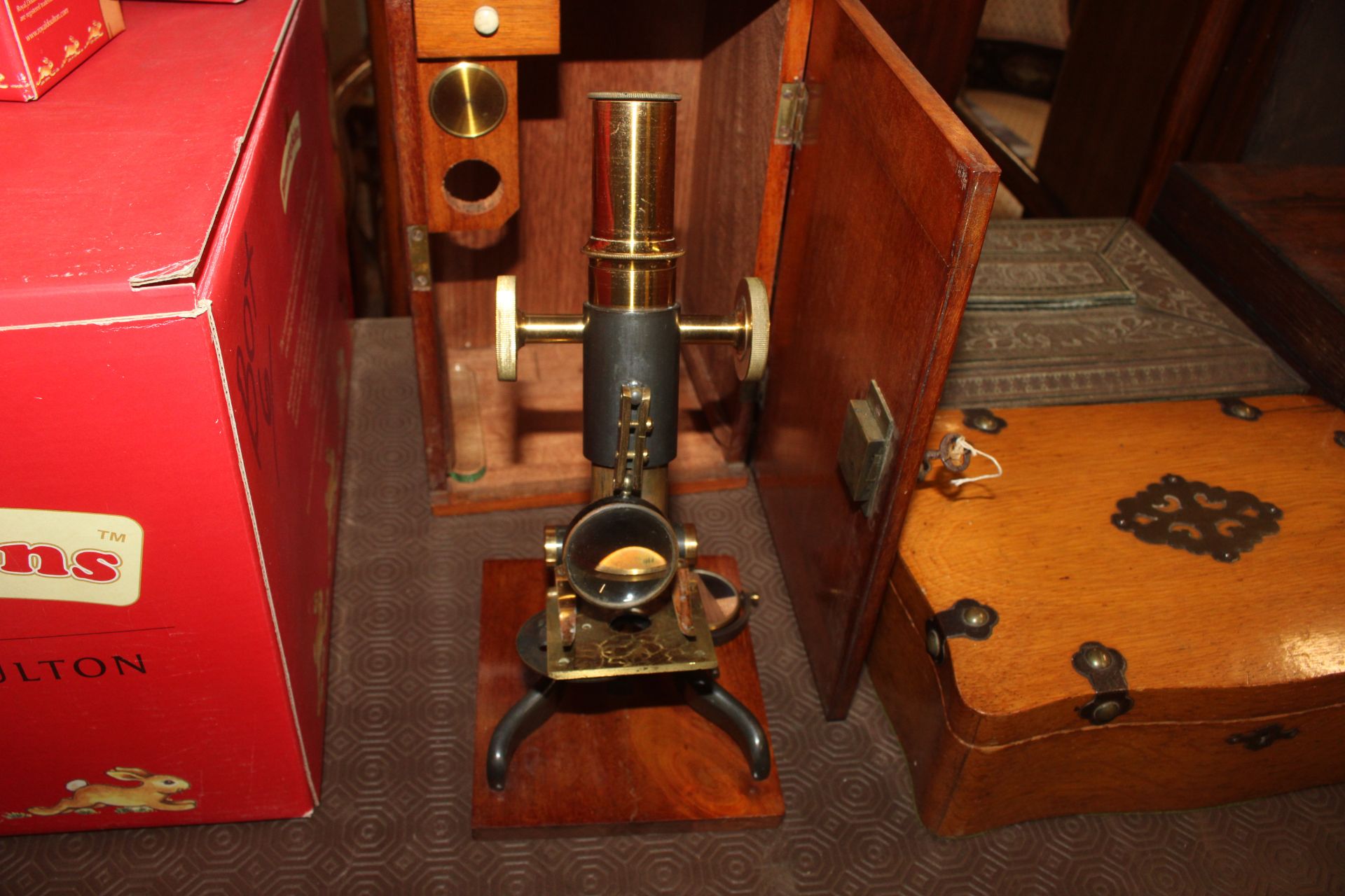 A mahogany cased microscope and a box of miscellan - Image 3 of 9