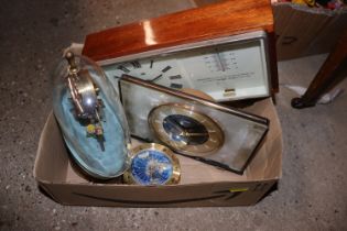 A box of various clocks, clock barometer etc.