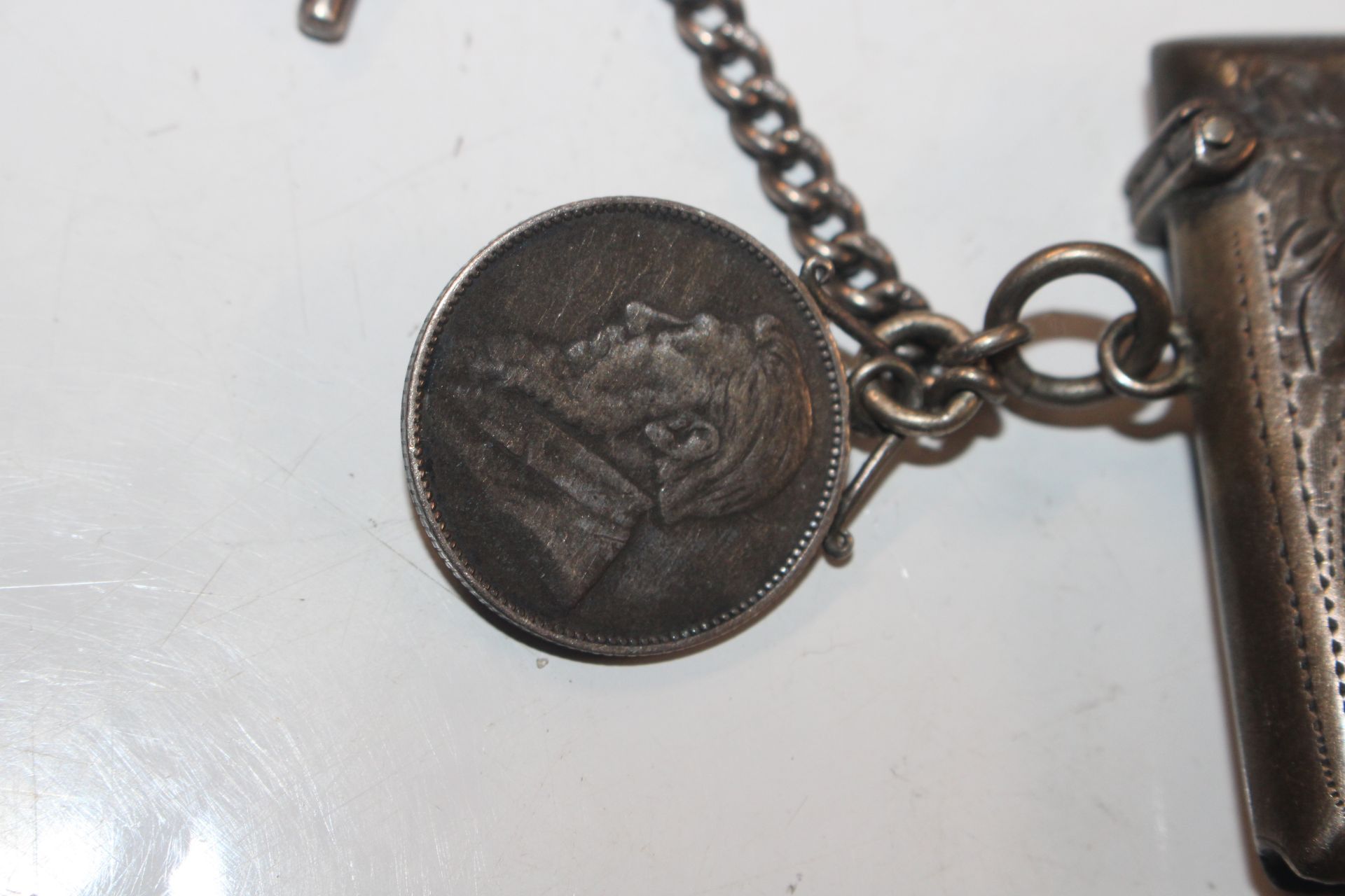 A silver vesta case on chain with T bar; another s - Image 12 of 17