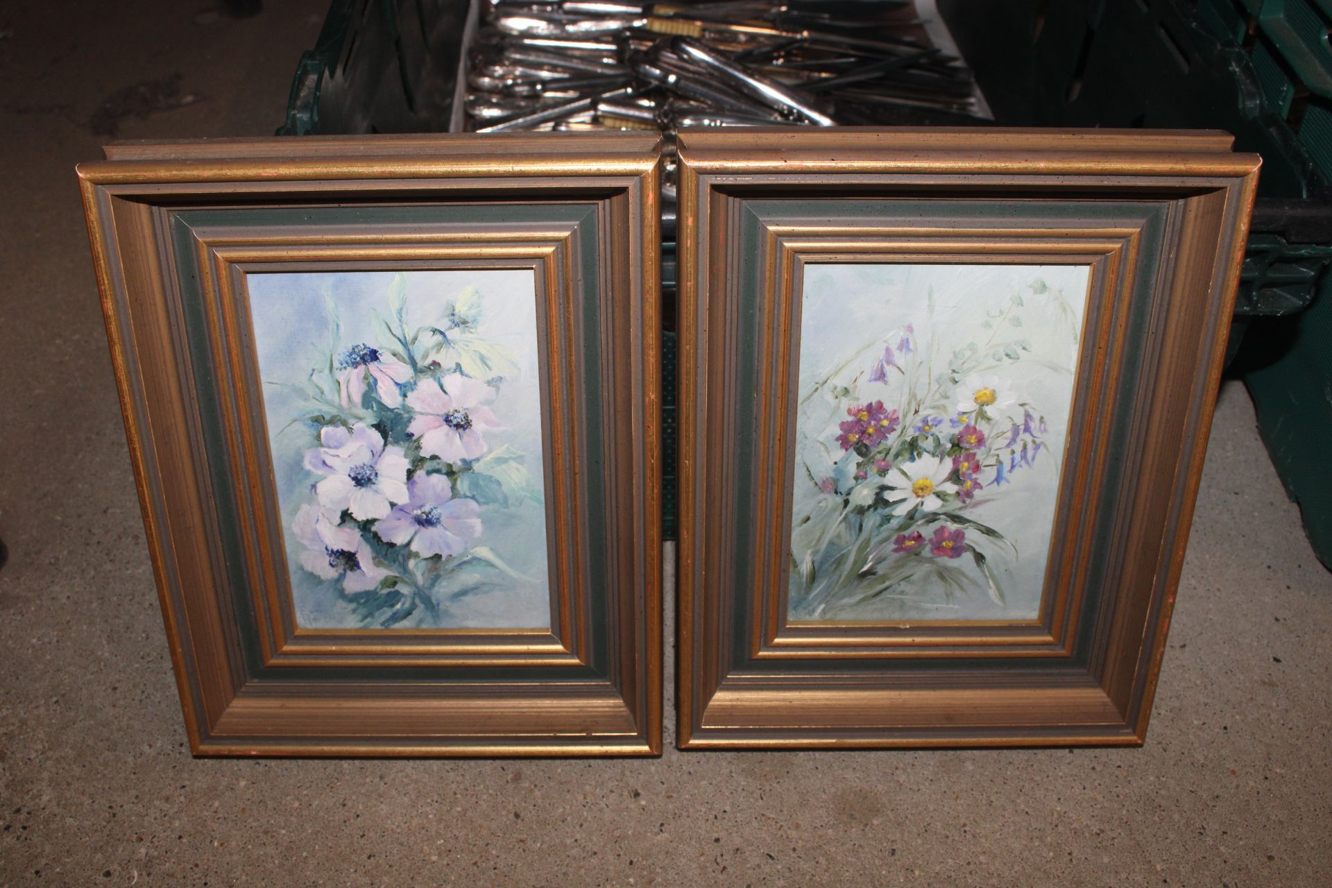 A box of various paintings, needlework, a pair of - Image 4 of 8