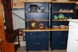A blue painted beech dresser fitted two short draw