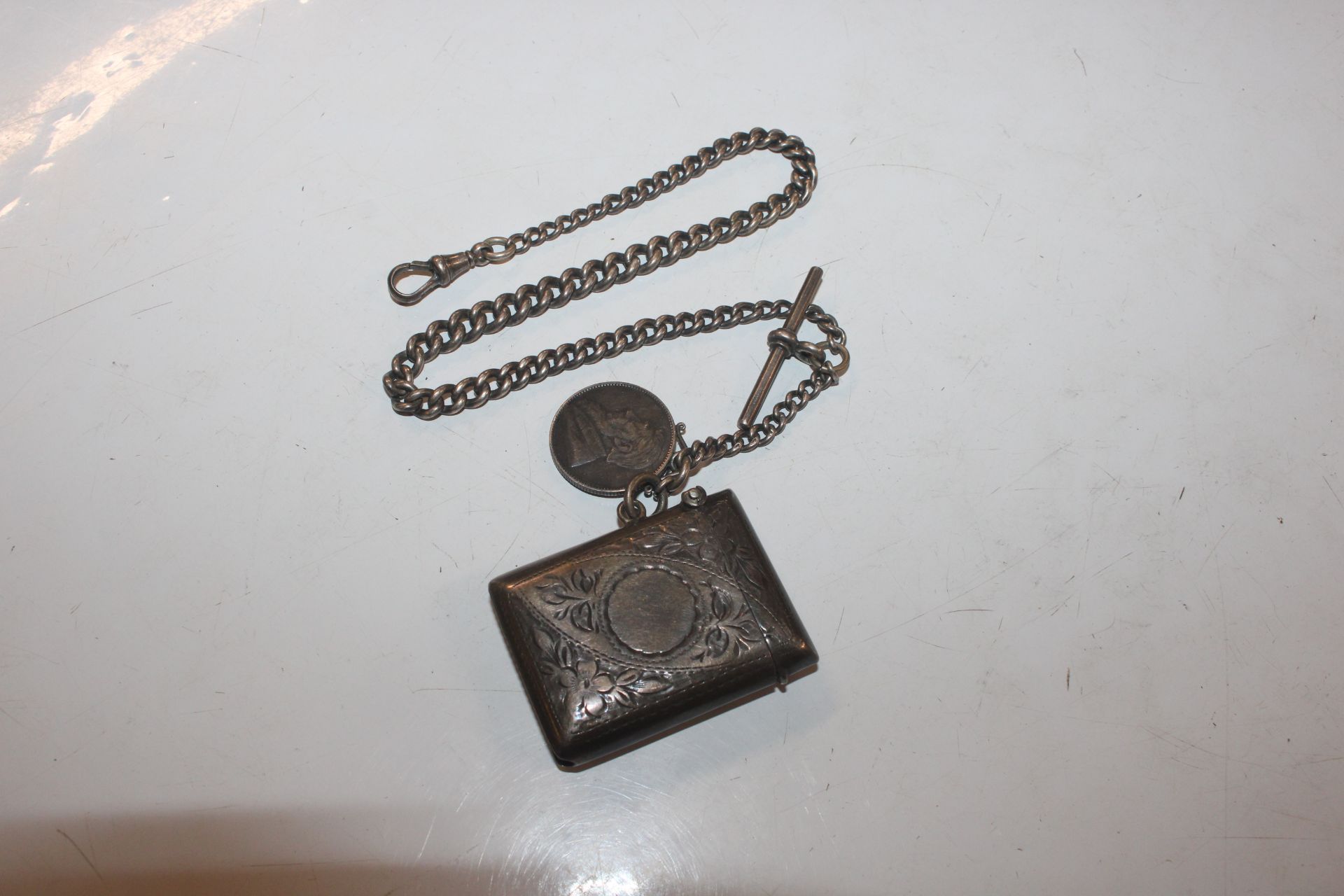 A silver vesta case on chain with T bar; another s - Image 7 of 17