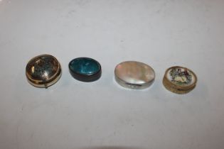 A silver and mother of pearl pill box and three ot