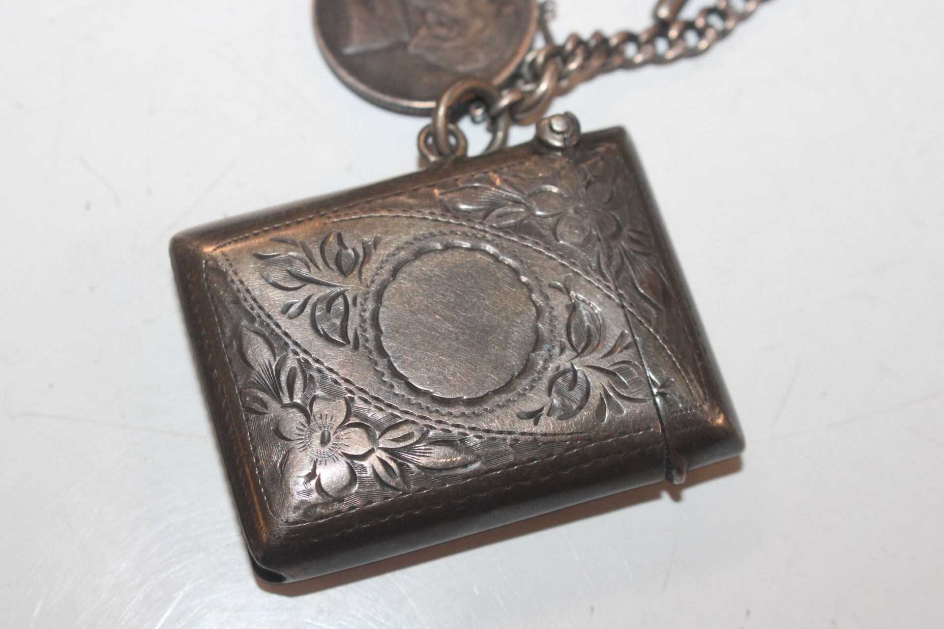 A silver vesta case on chain with T bar; another s - Image 8 of 17