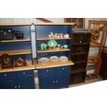 A blue painted beech dresser fitted two short draw