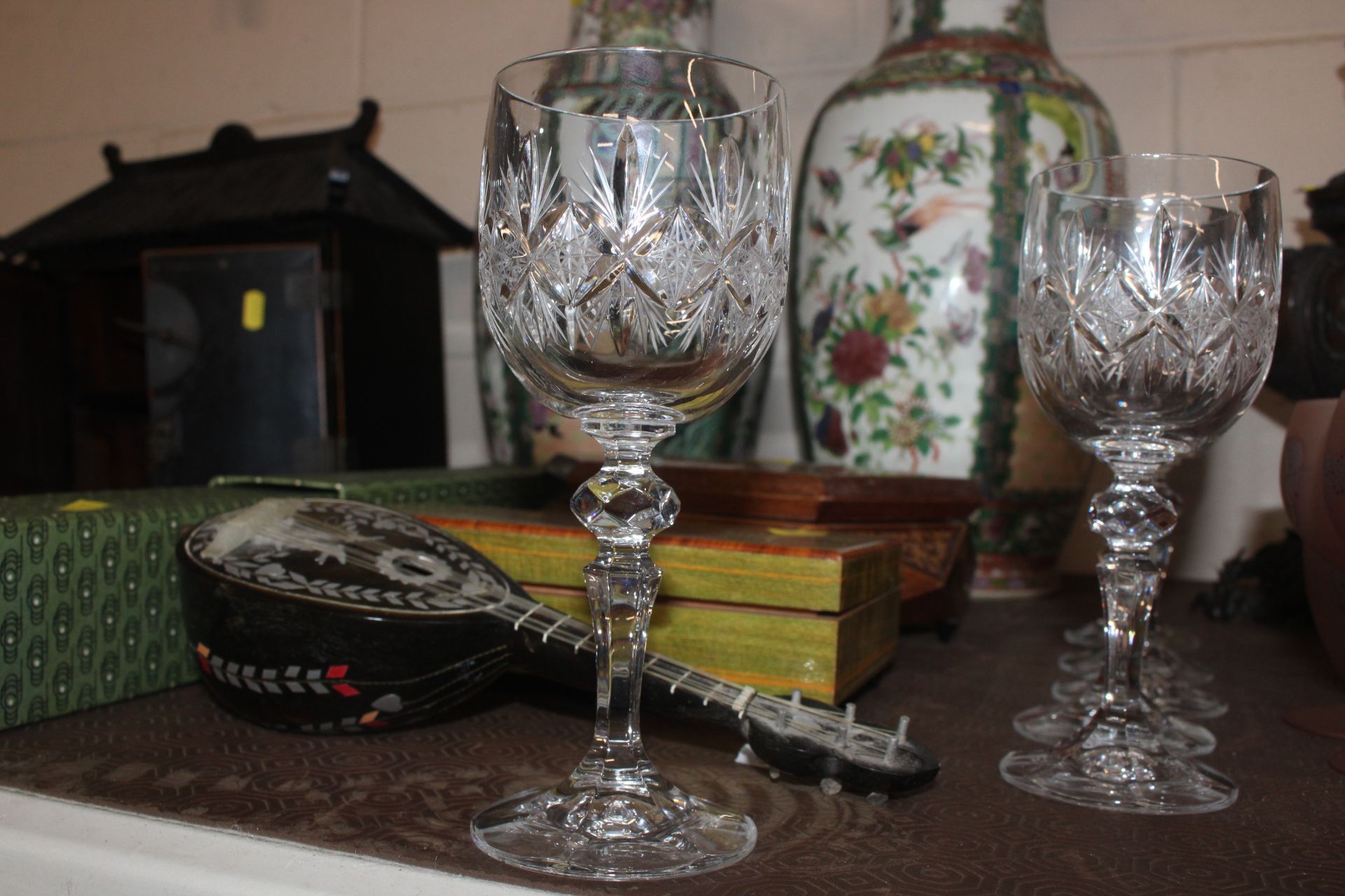 An Art Pink glass decanter and six goblets and a s - Image 2 of 8