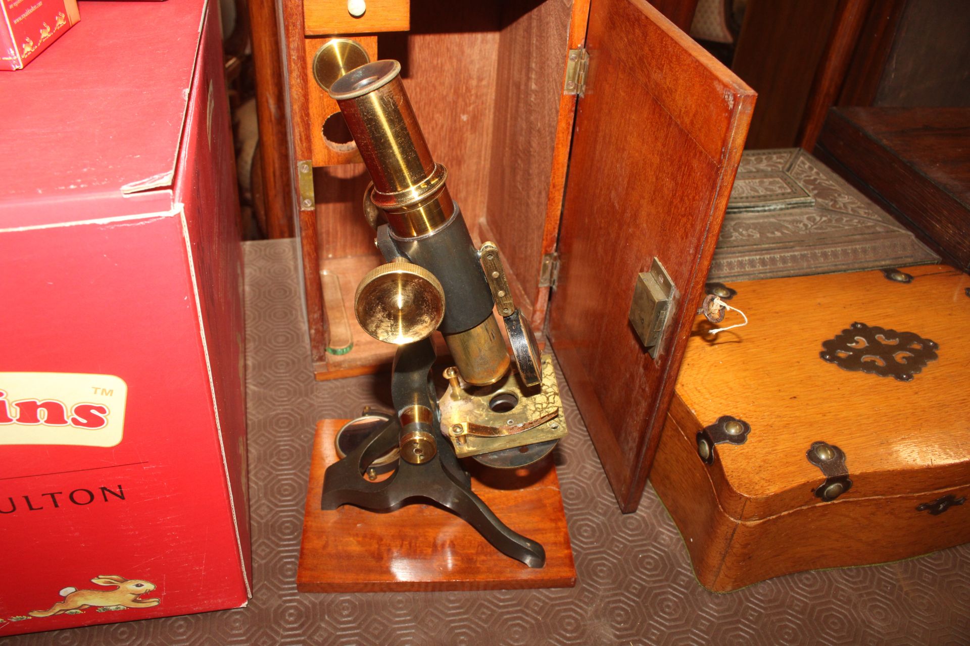 A mahogany cased microscope and a box of miscellan - Image 4 of 9