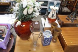 A pair of Brenda Art Deco jugs; a blue and white vase; a four branch candelabra; a glass vase; a
