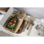 Three vintage wooden mallets, various wooden trays