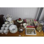 A Mayfair bone china coffee set, various other decorative china, Japanese prints, clock under
