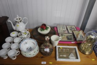 A Mayfair bone china coffee set, various other decorative china, Japanese prints, clock under