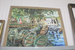 An After Claude Monet oil on canvas, figures boating in gilt frame