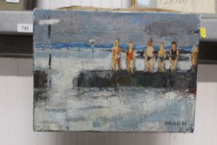 Ian Hay, oil on canvas study of children bathing, unframed dated 66