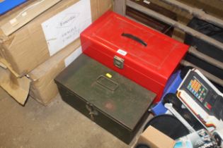 A small metal filing chest and a metal storage box