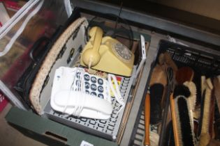 Two vintage telephones, wicker trays etc.