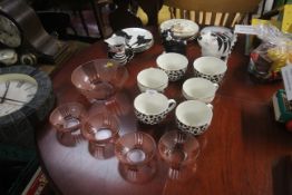 Various collectors cat plates, cat decorated cups and an Art Deco style tinted glass dessert set