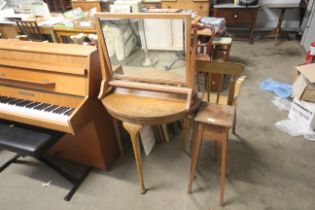 An oak swing framed toilet mirror, a demi lune hall table and a plant stand