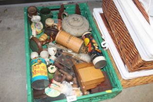 A box containing Victorian pottery teapot, pair of