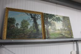 Two large oils on canvas of rural scenes indistinctly
