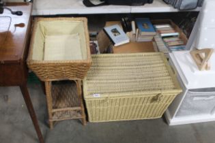 A wicker storage basket and a wicker stand with fi