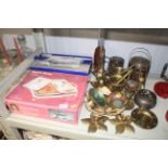 A quantity of various brass and copper ware, two plated oven to table serving dishes etc.
