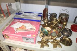 A quantity of various brass and copper ware, two plated oven to table serving dishes etc.