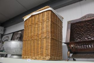 A wicker laundry basket