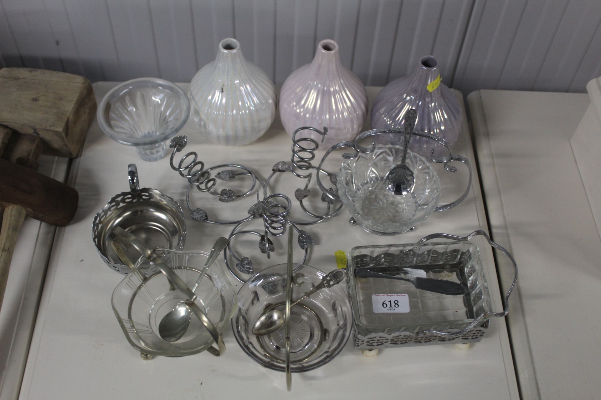 A collection of three lustre vases, plated serving