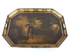 A 19th Century Toleware tray, of octagonal form painted central scene depicting eloping figures with