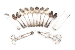 Two pairs of Georgian scissor action sugar tongs; a pair of Georgian silver sugar nips; various
