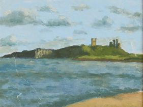 20th Century British school, coastal scene with island and castle ruins in the far ground,