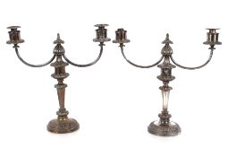 A pair of plate on copper twin branch candelabra, with fluted decoration, 48cm high (one sconce