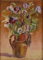 Jean Rose (modern British), small still life study depicting flowers in a jug with annotation 19.5cm