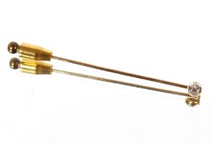 An 18ct gold stick pin, set with approx. 0.15 carat diamond, total weight 1.5gms, 6.5cm