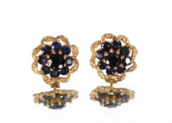 A pair of 9ct sapphire floral design earrings, eac