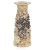 A Studio pottery vase, of buff colour with raised Welsh dragon decoration and flared rim, potters