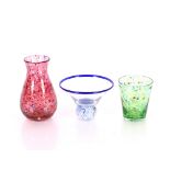 A Mike Hunter twist glass vase of ruby colour;  a green Mike Hunter tumbler and a clown bowl