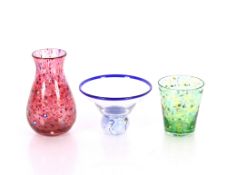 A Mike Hunter twist glass vase of ruby colour;  a green Mike Hunter tumbler and a clown bowl