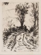 Armand Guillaumin, etching depicting figure on a path in rural surround, label verso, plate 14cm x